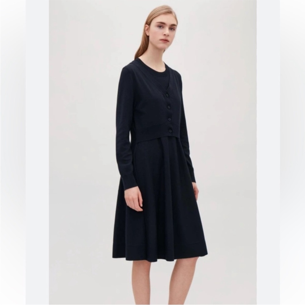 COS Knit Sweater Midi A Line Dress with Attached Cropped Cardigan Navy Size M
